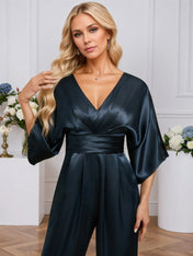 Jumpsuits V-Neck Floor-Length Stretch Satin Evening Dress With Pleated