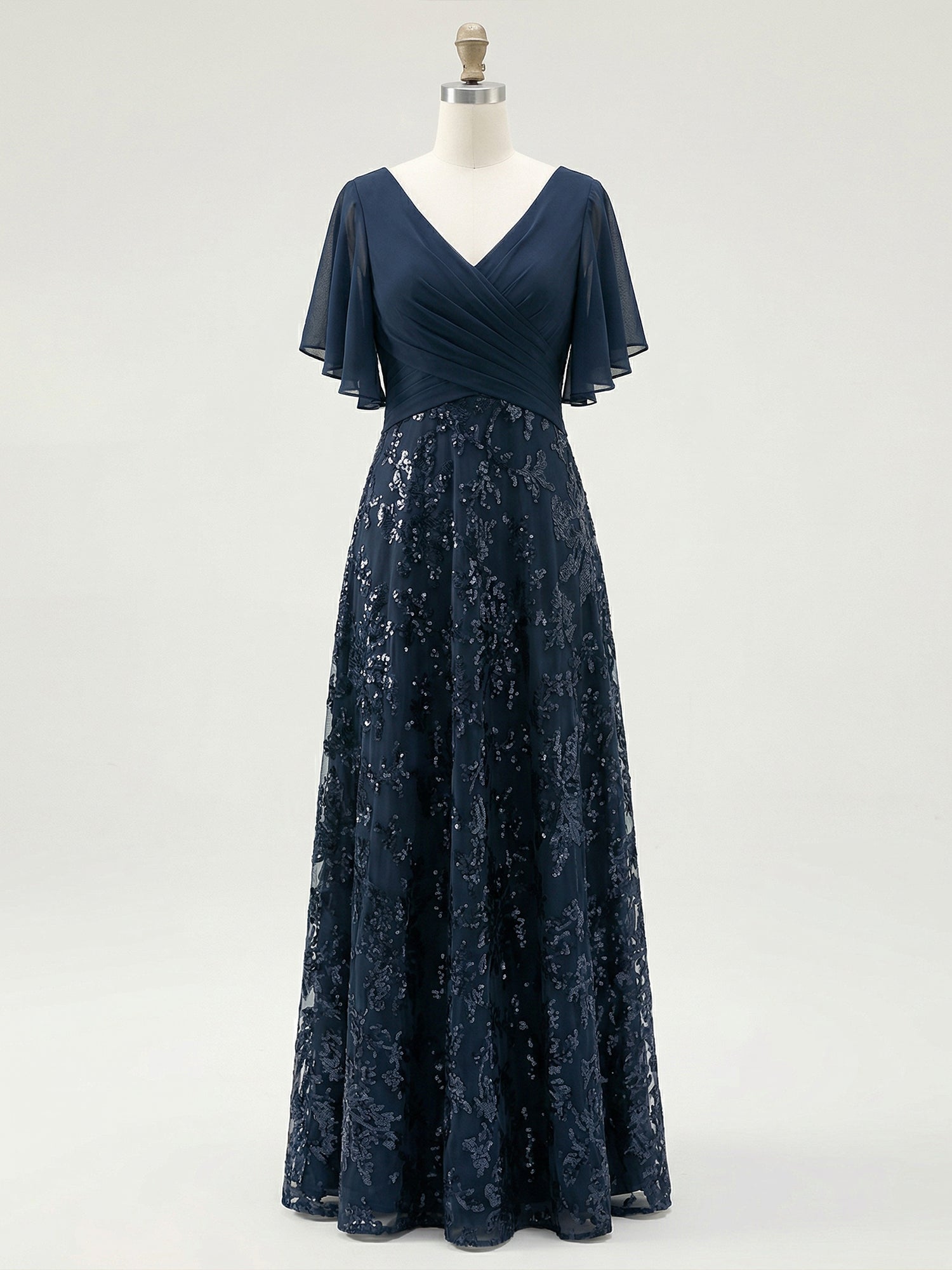 A-line V-Neck Floor-Length Lace Sequin Chiffon Mother of the Bride Dress With Pleated