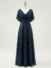 A-line V-Neck Floor-Length Lace Sequin Chiffon Mother of the Bride Dress With Pleated