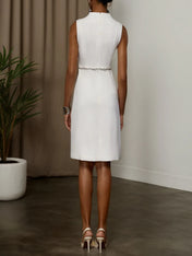 White V Neck Sleeveless Rhinestone A-Line Midi Dress