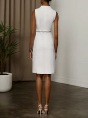 White V Neck Sleeveless Rhinestone A-Line Midi Dress