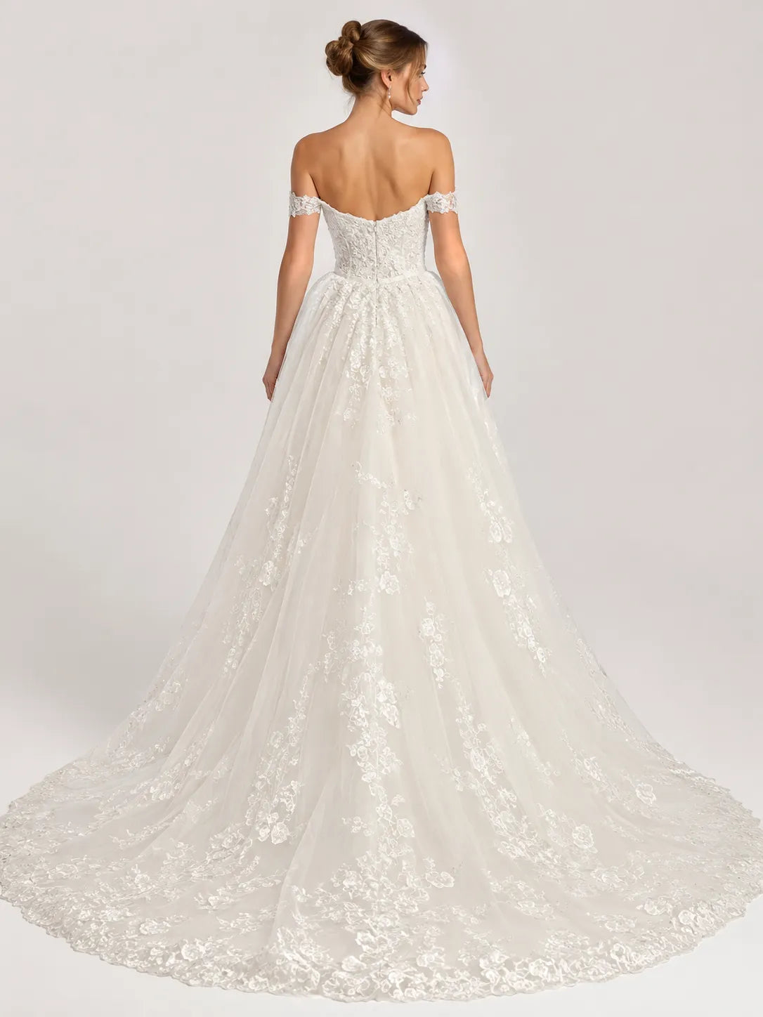 Elegant Off-the-Shoulder Sweetheart Lace Mermaid Wedding Dress with Layered Overskirt and Cathedral Train