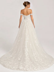 Elegant Off-the-Shoulder Sweetheart Lace Mermaid Wedding Dress with Layered Overskirt and Cathedral Train