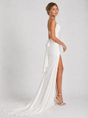 Elegant Spaghetti Strap Satin Wedding Dress with Draped Neckline, Ruched Skirt and High Slit