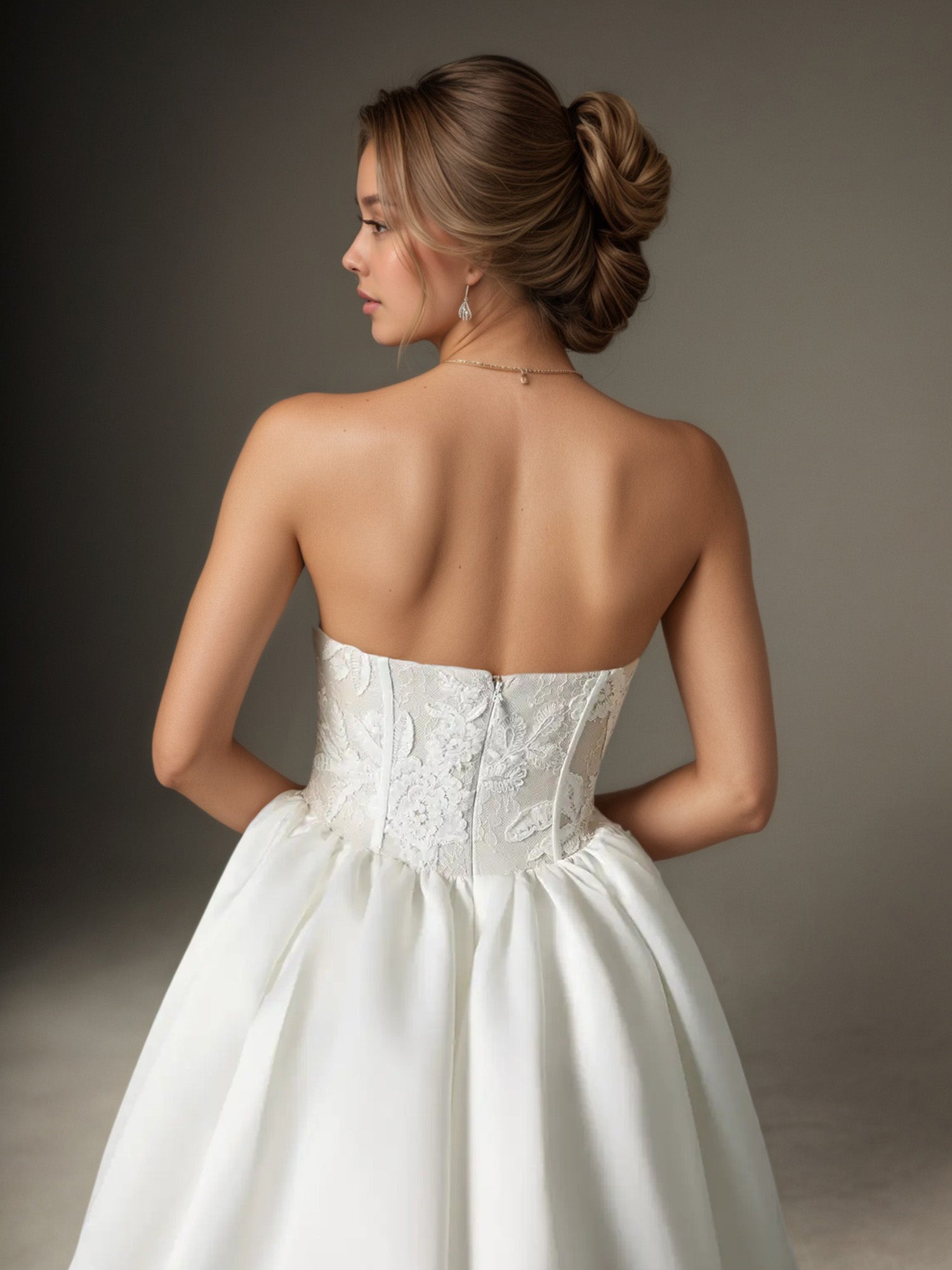 White A-line Strapless Lace Sweep Train Wedding Dress