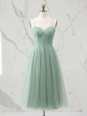 Sweetheart Ruched Tulle A-Line Midi Evening Dresses with Ruffle Trim