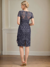 Sheath/Column Scoop Illusion Knee-Length Lace Chiffon Mother of the Bride Dress With Cascading Ruffles Sequins