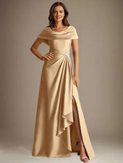 A-Line Scoop Floor-Length Stretch Satin Mother of the Bride Dress With Cascading Ruffles