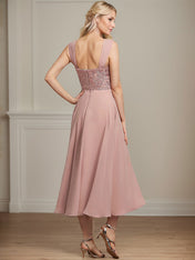 A-line Square Tea-Length Chiffon Lace Mother of the Bride Dress With Sequins Beading