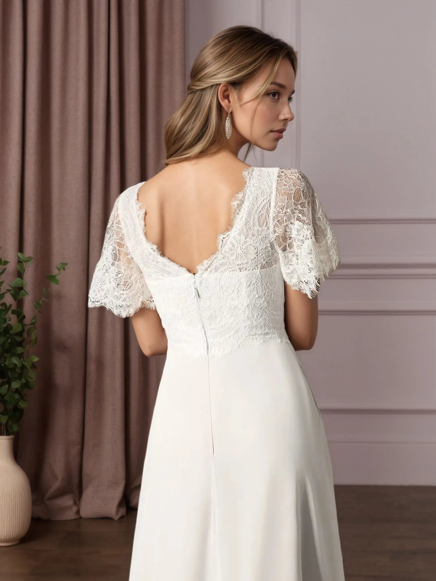 White A-Line V-Neck lace Chiffon Wedding Dress