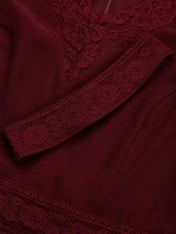 Wine Red Lace Floral Satin V Neck Short Sleeve A-Line Maxi Dress
