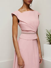 Pink Asymmetrical Neck Cap Sleeve Rhinestone A-Line Midi Dress
