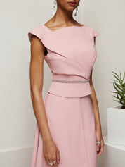Pink Asymmetrical Neck Cap Sleeve Rhinestone A-Line Midi Dress