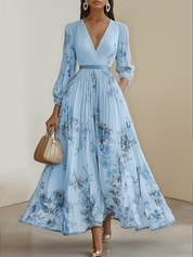 White Pleated Chiffon V Neck Floral Long Sleeve Balloon Sleeve A-Line Maxi Dress