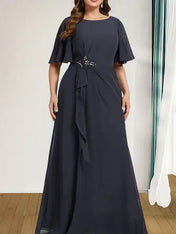 A-line Scoop Floor-Length Chiffon Mother of the Bride Dress With Cascading Ruffles Beading Sequins