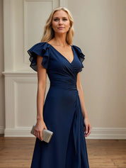 V Neck Ruched Chiffon A Line Mother of the Bride Dress