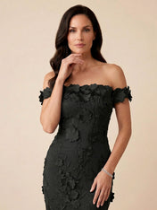 Black Off-the-Shoulder 3D Floral Mermaid Formal Gown Evening Dress
