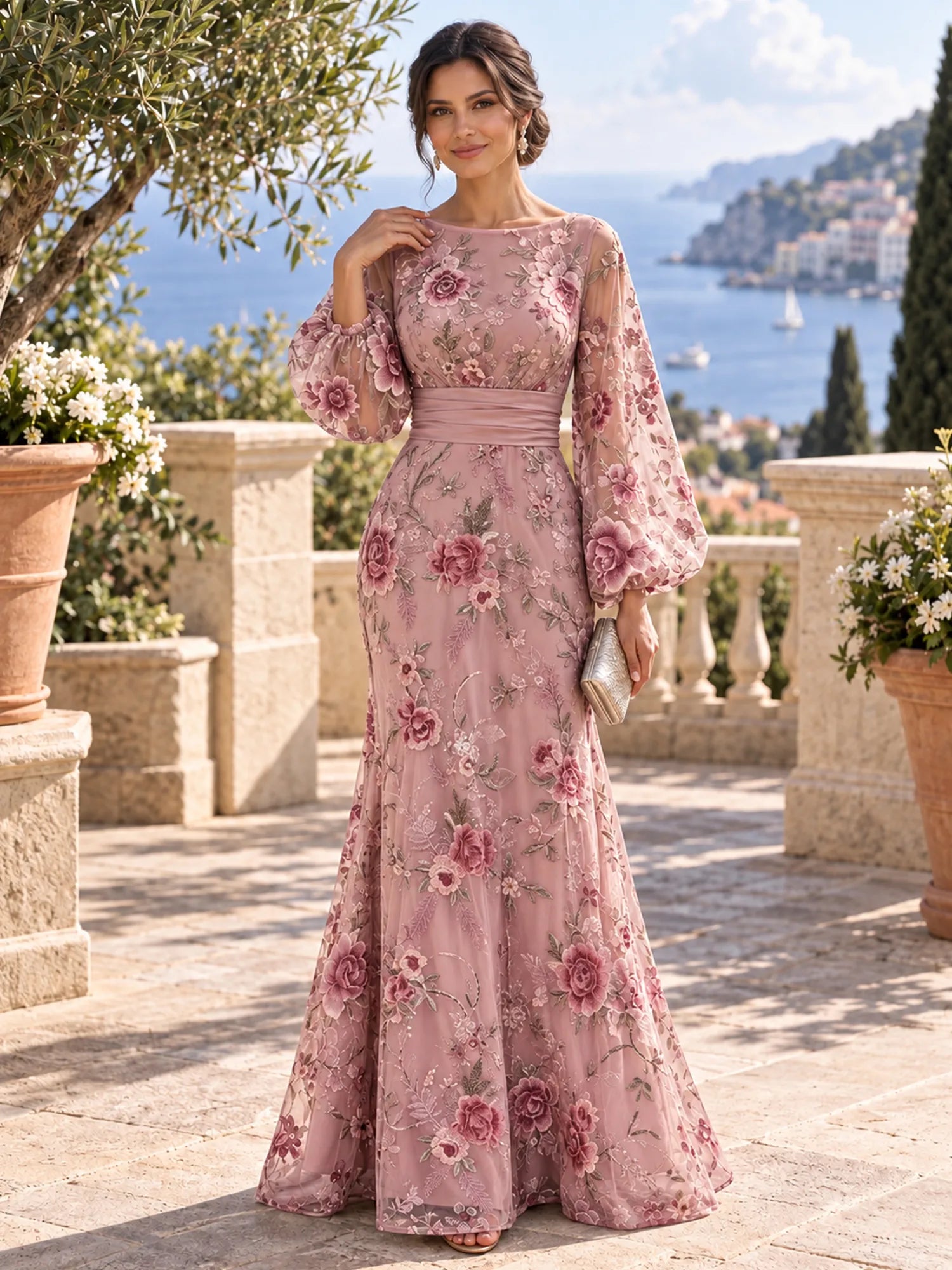 Boat Neck Long Sleeve Embroidered Mesh Evening Dress