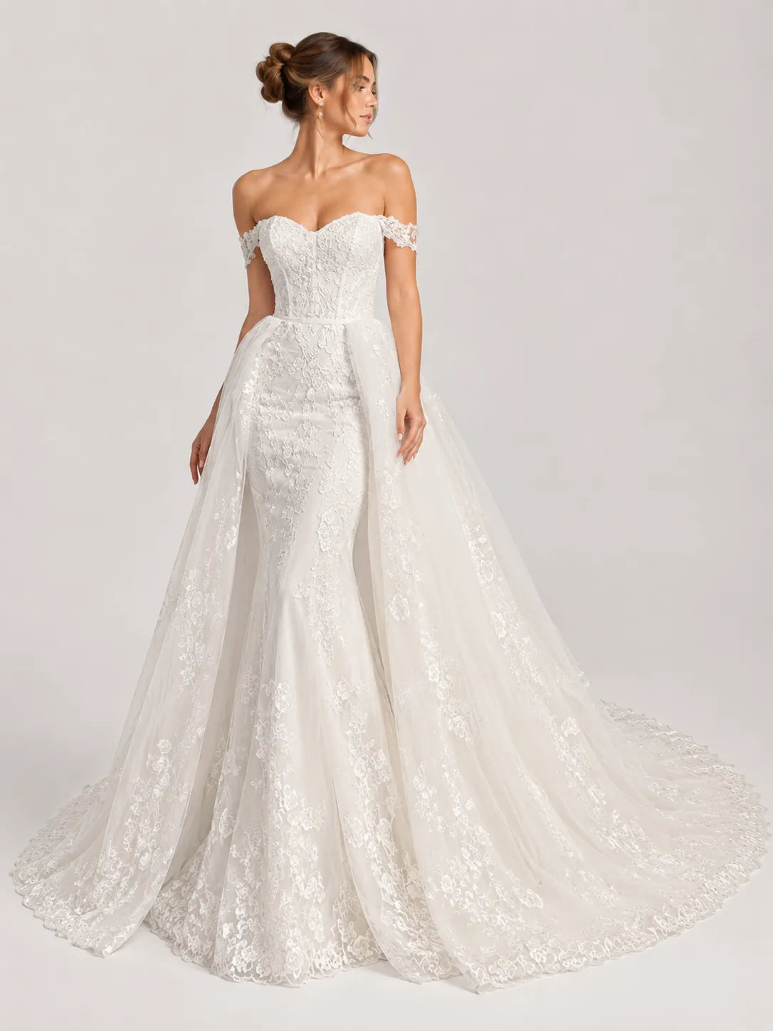 Elegant Off-the-Shoulder Sweetheart Lace Mermaid Wedding Dress with Layered Overskirt and Cathedral Train