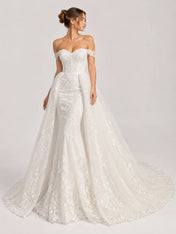 Elegant Off-the-Shoulder Sweetheart Lace Mermaid Wedding Dress with Layered Overskirt and Cathedral Train