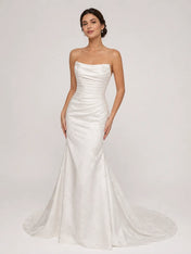Strapless Ruched Floral Jacquard Mermaid Wedding Dress with Chapel Train