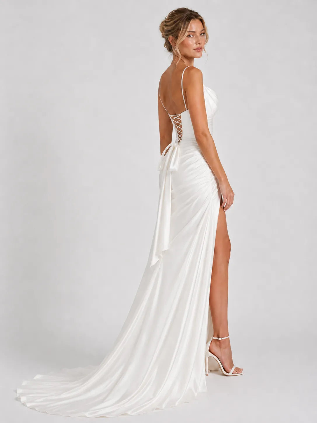 Elegant Spaghetti Strap Satin Wedding Dress with Draped Neckline, Ruched Skirt and High Slit