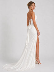 Elegant Spaghetti Strap Satin Wedding Dress with Draped Neckline, Ruched Skirt and High Slit