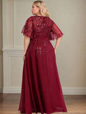 A-line V-Neck Floor-Length Lace Chiffon Evening Dress With Sequins