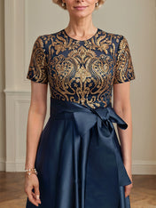 A-line Scoop Asymmetrical Satin Sequin Lace Mother of the Bride Dress With Bow