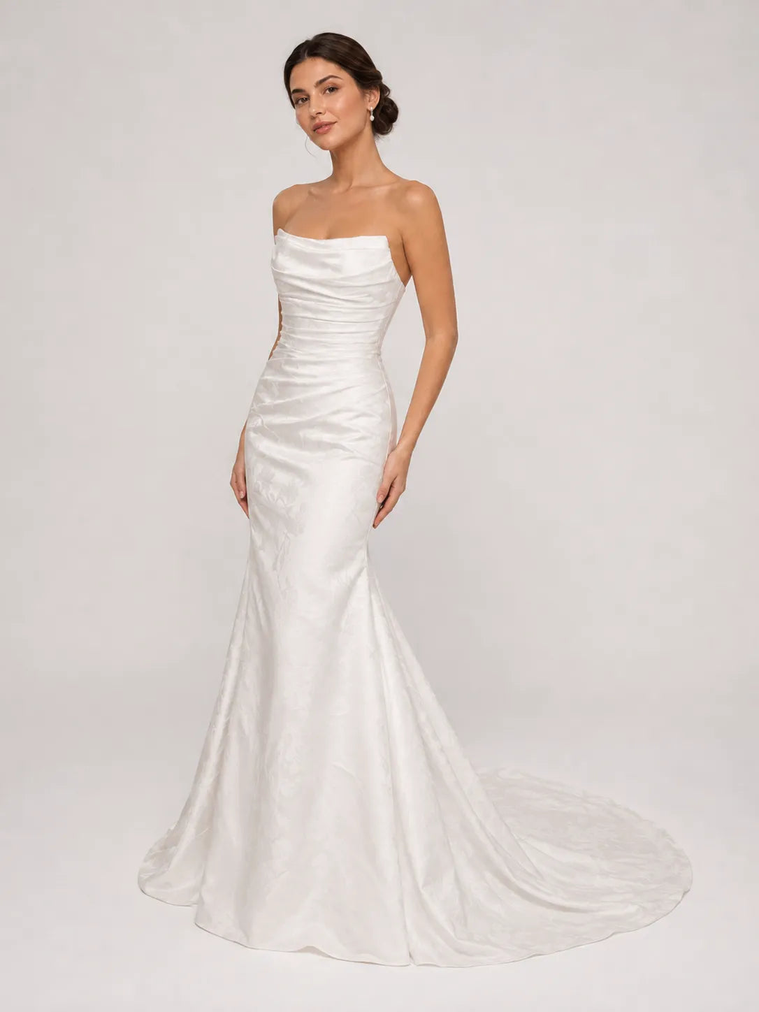 Strapless Ruched Floral Jacquard Mermaid Wedding Dress with Chapel Train