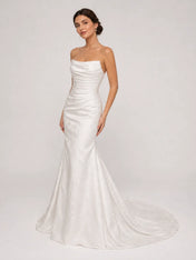 Strapless Ruched Floral Jacquard Mermaid Wedding Dress with Chapel Train
