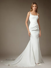 White Mermaid Square Neckline Double Faced Satin Wedding  Dress