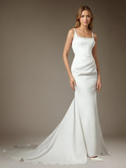 White Mermaid Square Neckline Double Faced Satin Wedding  Dress