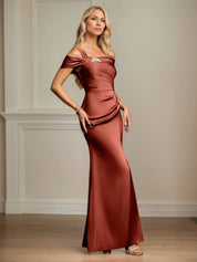 Trumpet/Mermaid Off the Shoulder Floor Length Ruched Satin Mother Of the Bride Dress
