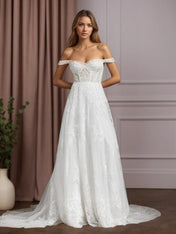 White A-Line Sequins Tulle Wedding Dress