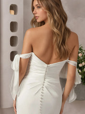 White Mermaid Off the Shoulder Crepe Back Satin Wedding Dress