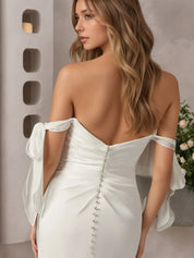 White Mermaid Off the Shoulder Crepe Back Satin Wedding Dress