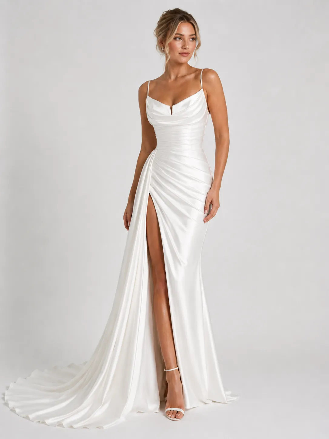 Elegant Spaghetti Strap Satin Wedding Dress with Draped Neckline, Ruched Skirt and High Slit