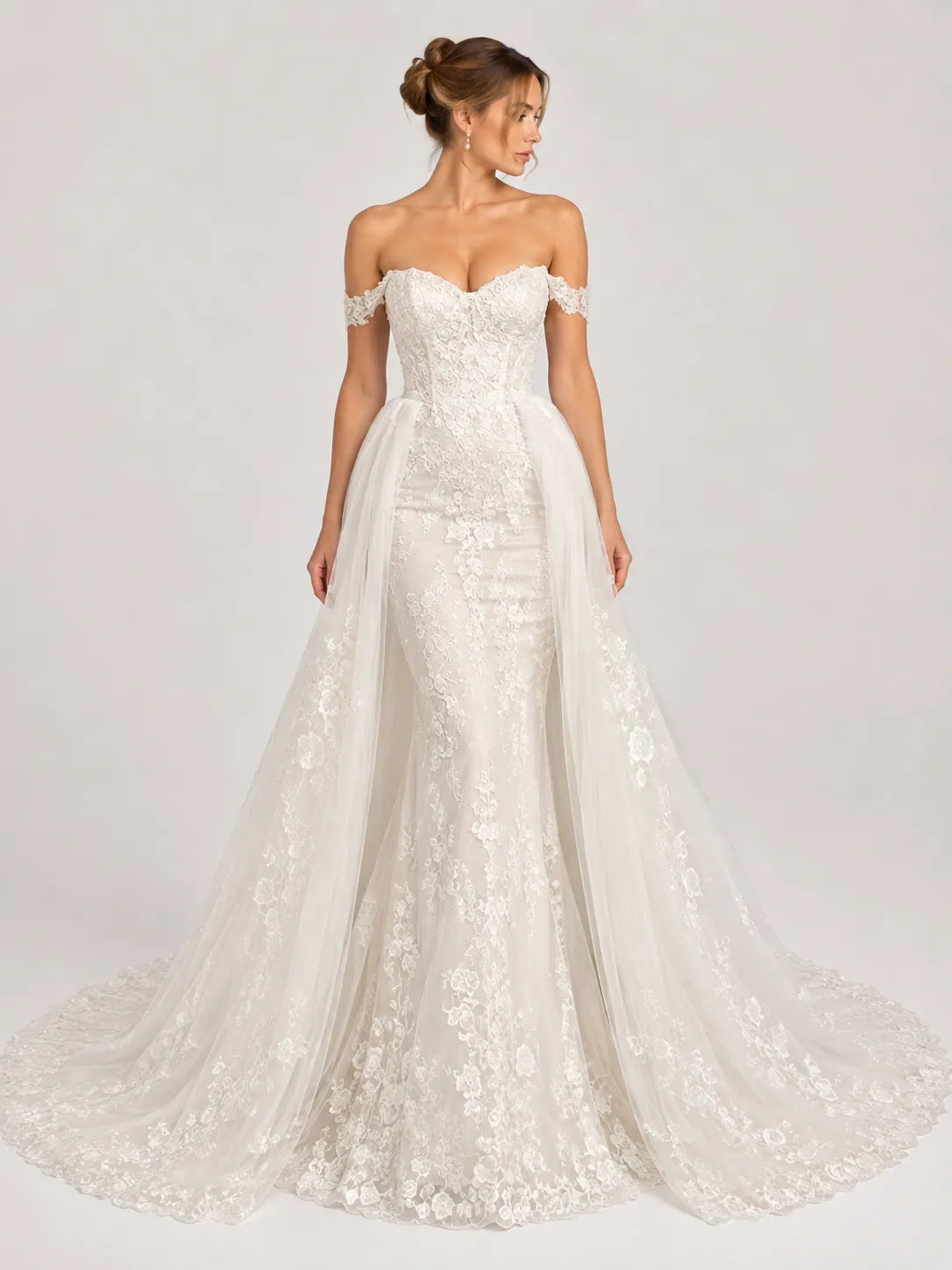 Elegant Off-the-Shoulder Sweetheart Lace Mermaid Wedding Dress with Layered Overskirt and Cathedral Train