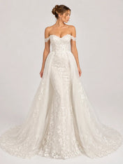 Elegant Off-the-Shoulder Sweetheart Lace Mermaid Wedding Dress with Layered Overskirt and Cathedral Train