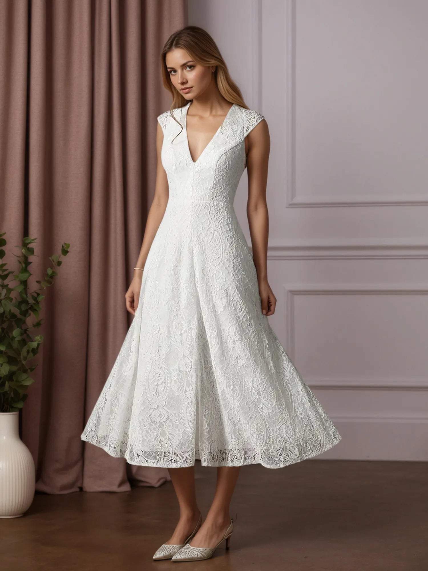 White A-Line Tea-Length Lace Wedding Dress