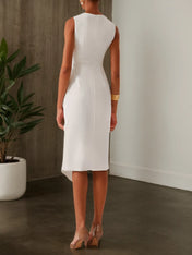 White V Neck Sleeveless Slit Sheath Midi Dress