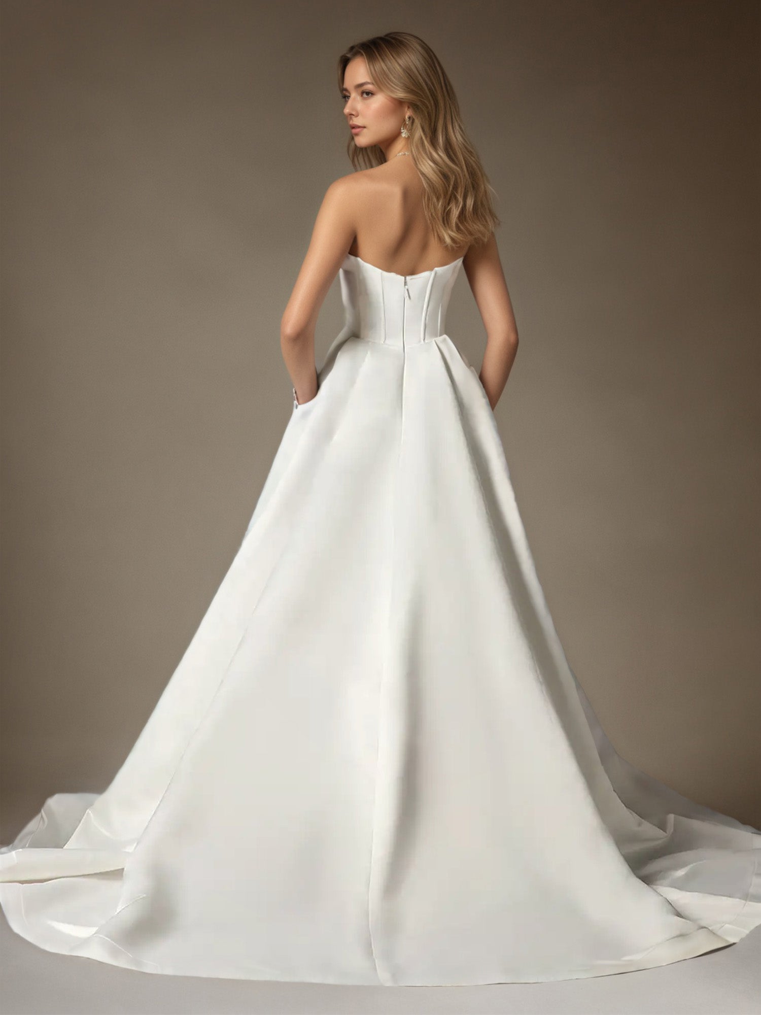 White A-Line Ball-Gown Strapless Satin Wedding Dress