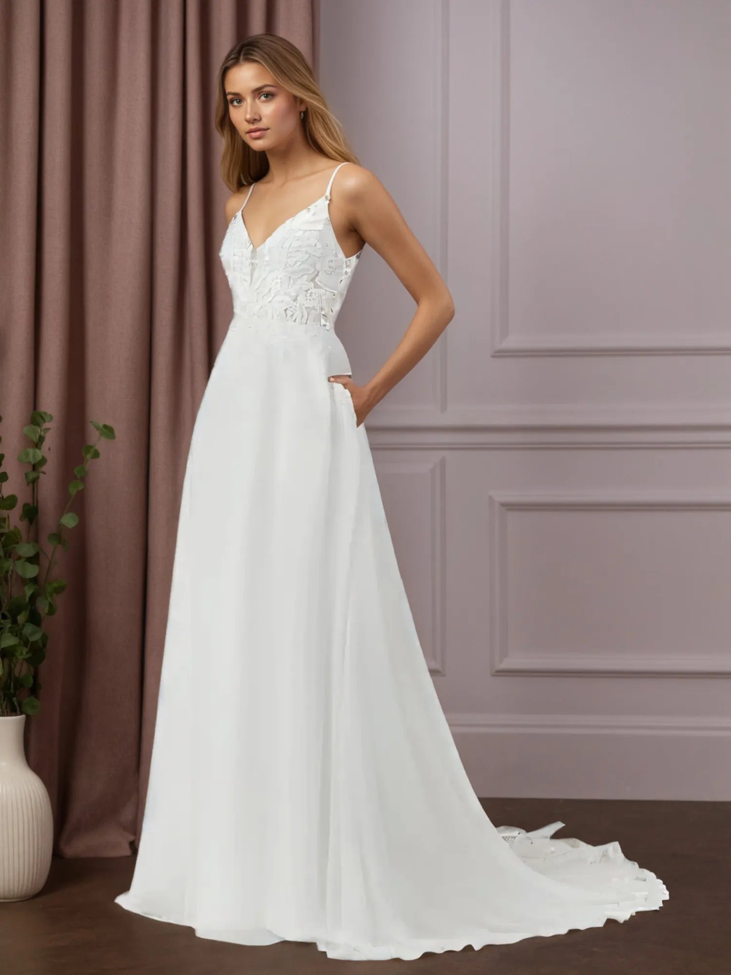 White A-Line V-Neck Sleeveless Sequins Chiffon Wedding Dress