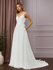 White A-Line V-Neck Sleeveless Sequins Chiffon Wedding Dress