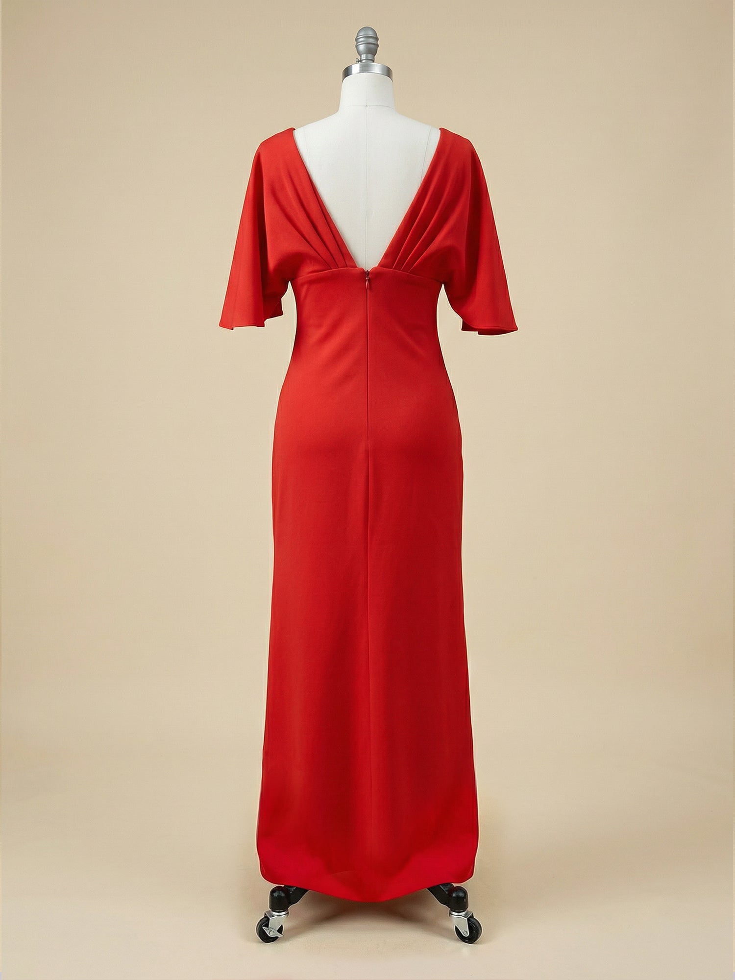 Red 3D Floral Appliqué Boat Neck Short Sleeve Backless Sheath Maxi Dress