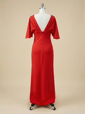 Red 3D Floral Appliqué Boat Neck Short Sleeve Backless Sheath Maxi Dress