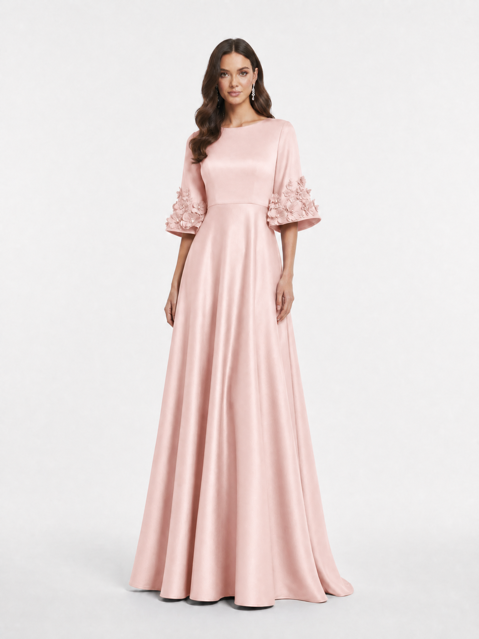 Solid Satin A-Line/Princess Bateau Neck Floor-Length Evening Dresses with 3D Floral Bell Sleeves