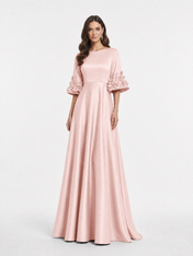 Solid Satin A-Line/Princess Bateau Neck Floor-Length Evening Dresses with 3D Floral Bell Sleeves