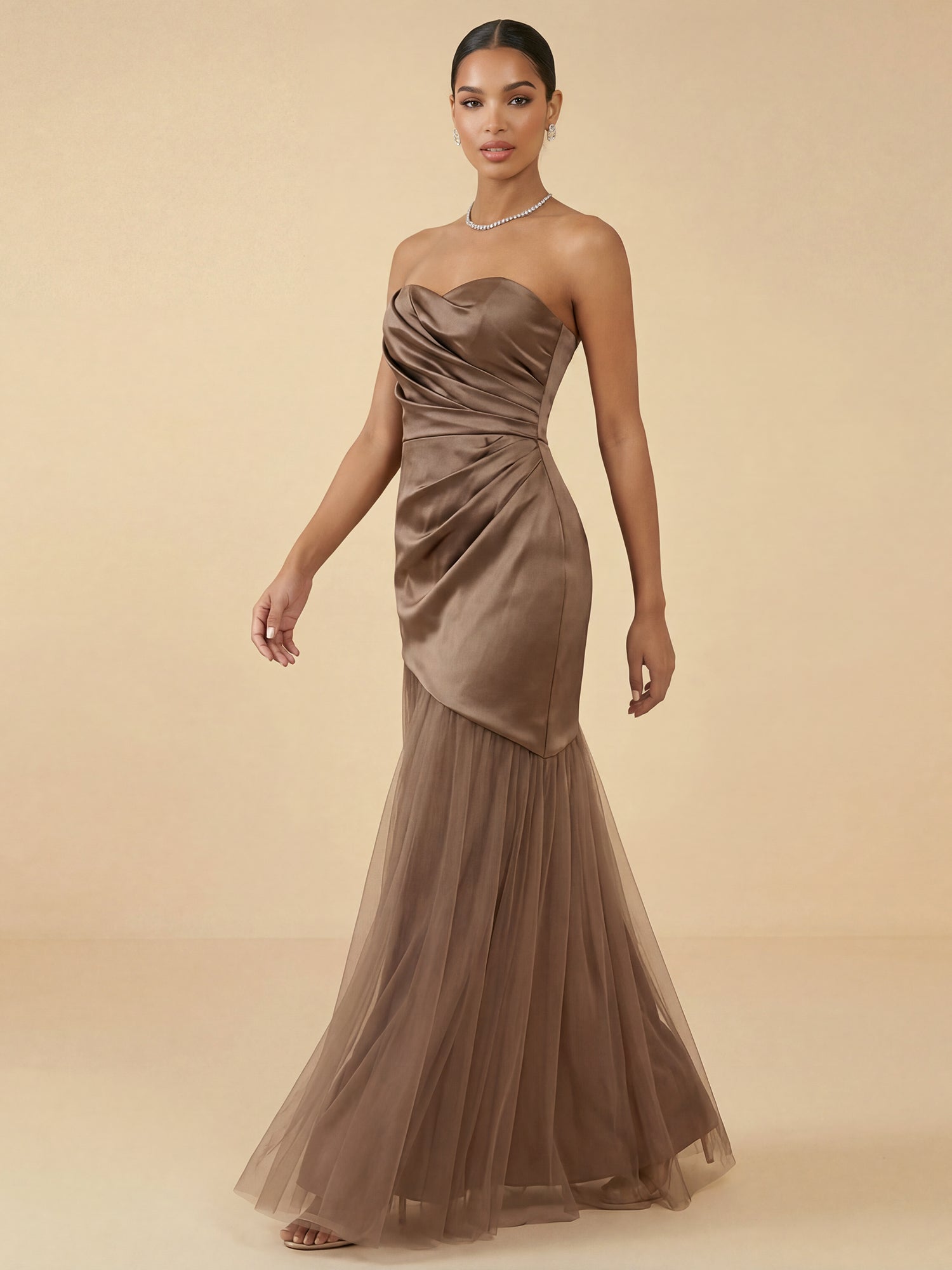 Strapless Satin Evening Gown with Draped Bodice and Tulle Skirt